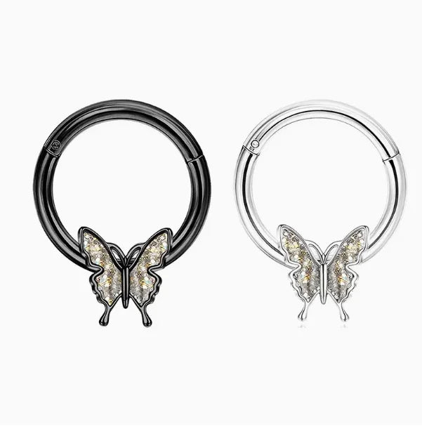 2Pcs 16G Stainless Steel Butterfly Hinged Septum Nose Ring Hoops,BCR Horseshoe Cartilage Daith Helix Rook Conch Piercing Jewelry