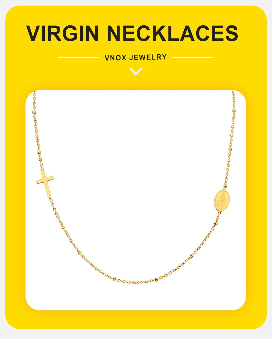 Vnox Dainty Sideway Cross Necklaces, Women's Virgin Mary Charm Collar, Adjustable Stainless Steel Jewelry