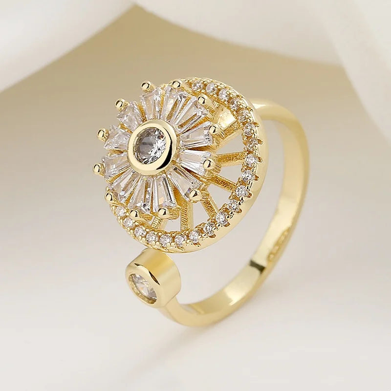 Versatile Flower Rotatable Cubic Zirconia Size Adjustable Rings For Women Gold Copper Metal Ring Party Jewelry