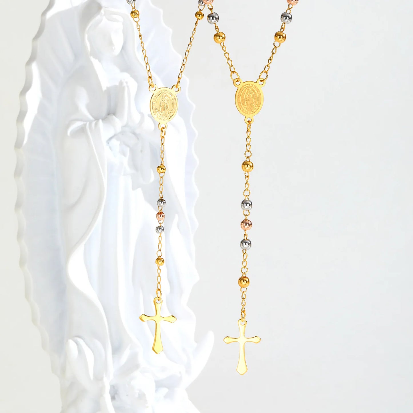 Tri-color Beaded Virgin Mary Y-shaped Necklace, Holy Spirit Cross Pendant Necklace for Women, Stainless Steel Religious Jewelry