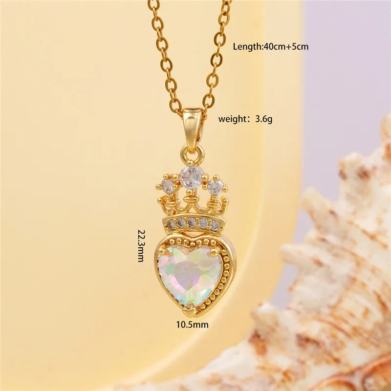 High Grade Crown Heart Zircon Pendant Necklace Stainless Steel Chains Geometric Choker Jewelry Party Gifts For Women Girls
