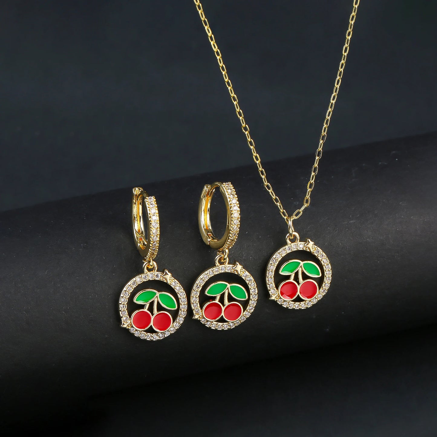 Light Luxury Crystal Zirconia Red Cherry Jewelry Set Earrings Necklace for Women Girls Sweet Jewelry Accessories Party Gifts