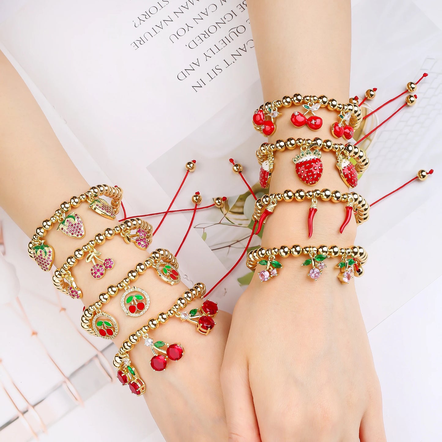 Gold Plated 6mm Copper Bead Chain Braided Fruit Cherry Crystal Adjustable Bracelet New Fashion Woman Girl Daily Wear Jewelry