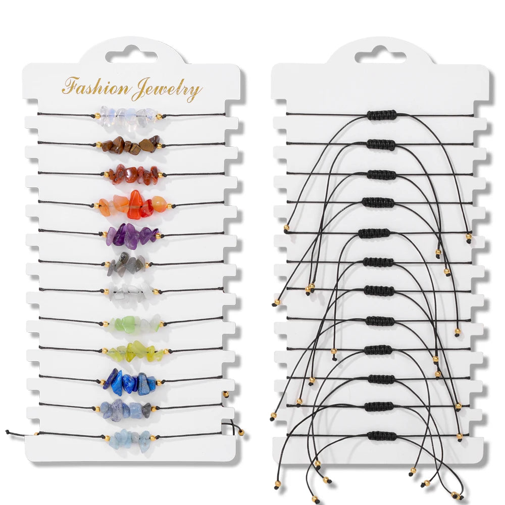 Wholesale 12Pcs/Set Colorful Natural Stone Bracelets Adjustable Rope Braided Bracelet Handmade Bohemia Bracelets with Cards