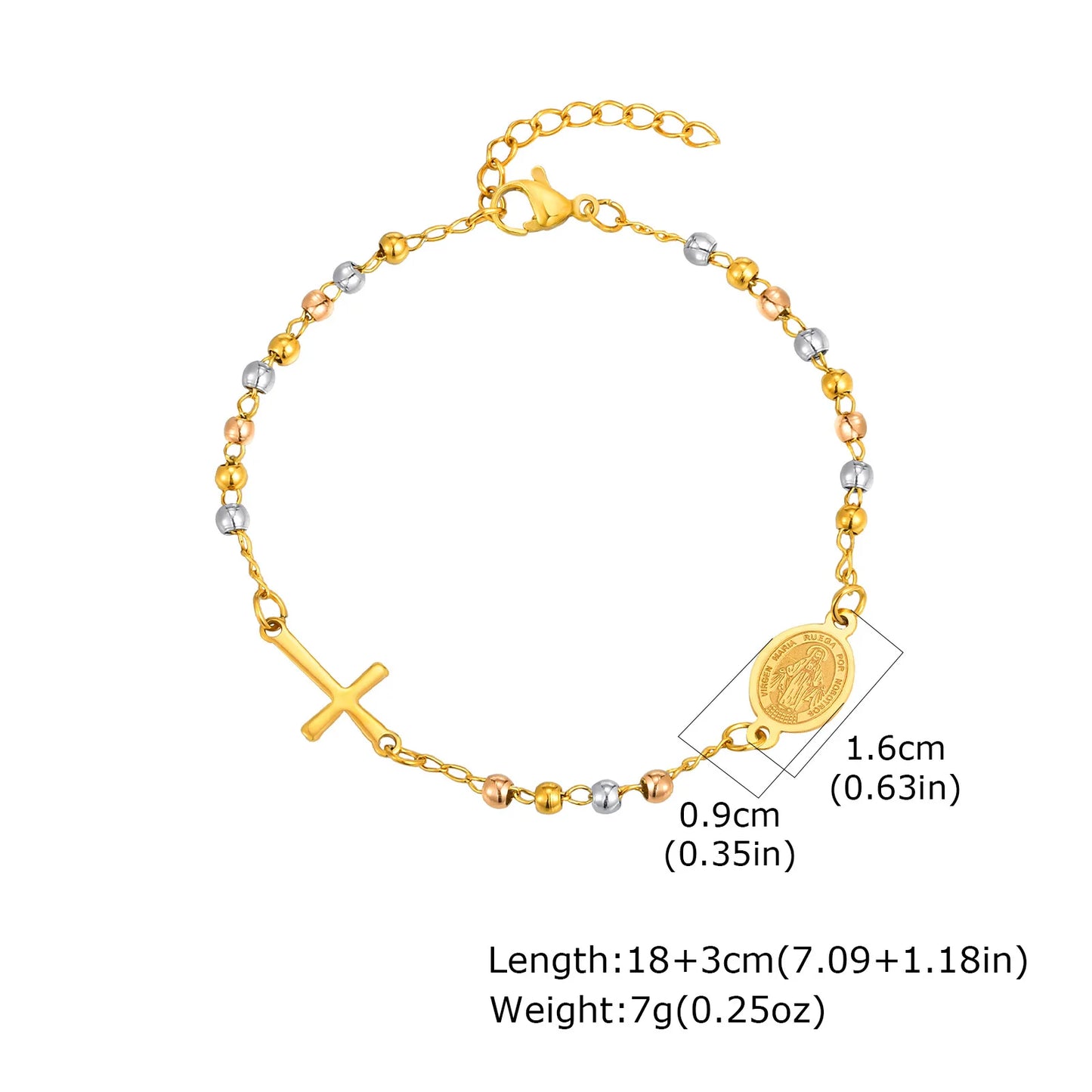 Vnox Stainless Steel Beaded Virgin Mary Bracelet,Charm Rosary Cross Chain Bracelet For Women,Religion Christ Three Color Jewelry