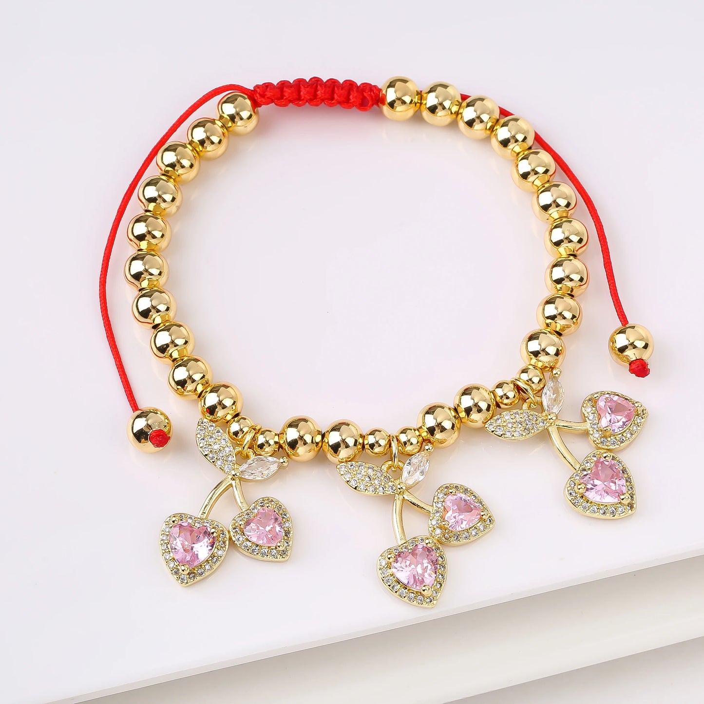 Gold Plated 6mm Copper Bead Chain Braided Fruit Cherry Crystal Adjustable Bracelet New Fashion Woman Girl Daily Wear Jewelry
