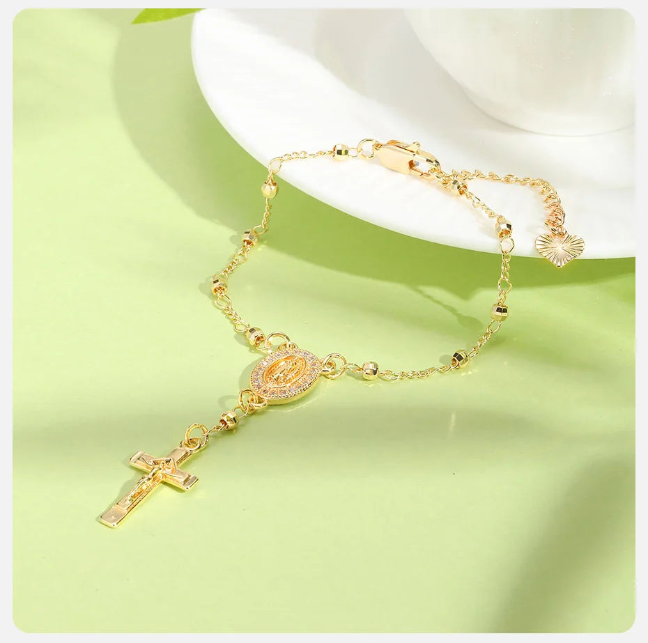 Vnox Virgin Mary Bracelets Necklaces For Women Men,Delicate Jesus Cross Pendent,Christian Catholic Hand Neck Jewelry Set Gifts