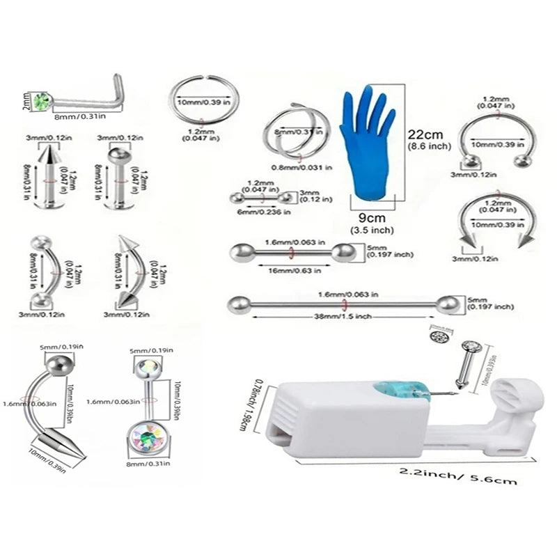 67/70/101/111Pcs Sterile Ear Piercing Kit,Tragus Helix Cartilage No Pain Piercer Tool Machine Set Stud Jewelry
