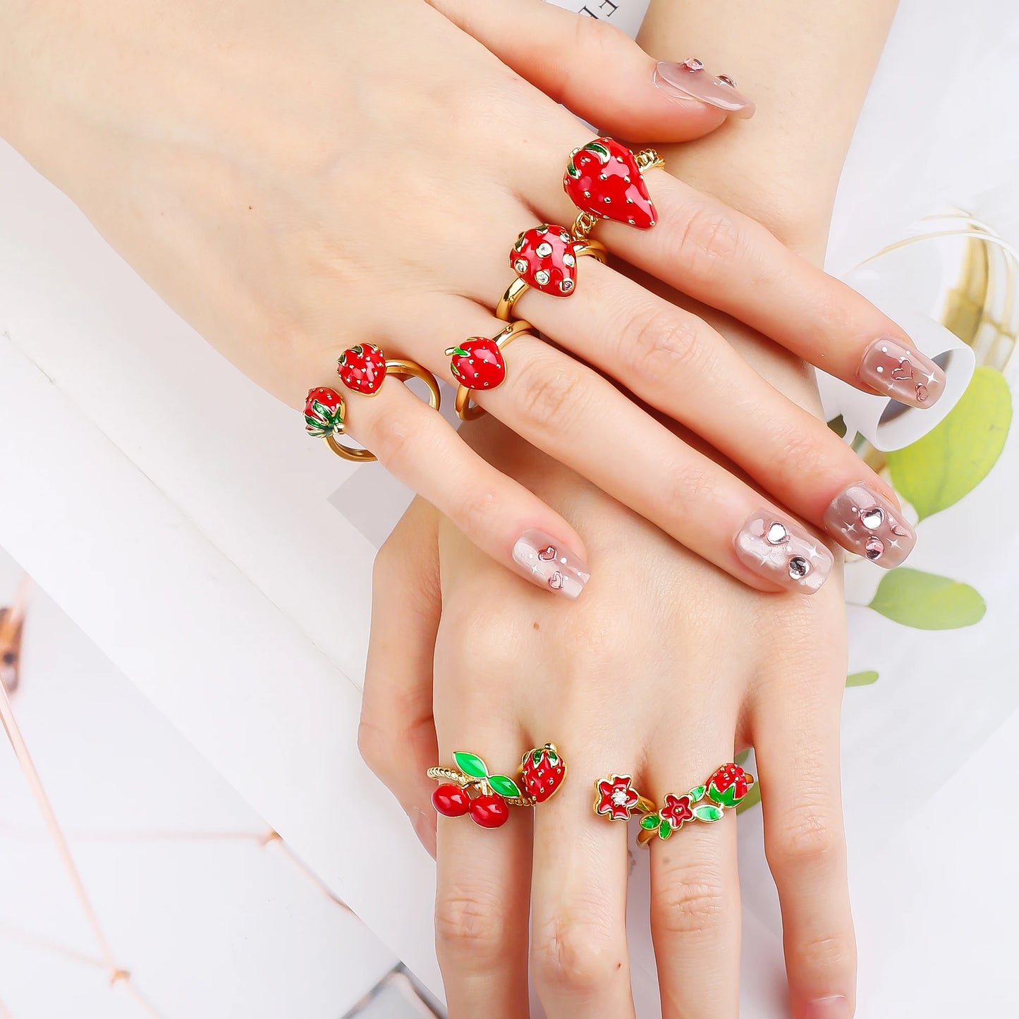New Creative Copper Oil Drop Red Strawberry Zirconia Ring Charm For Woman Girl Vacation Casual Jewelry Accessories Adjustable