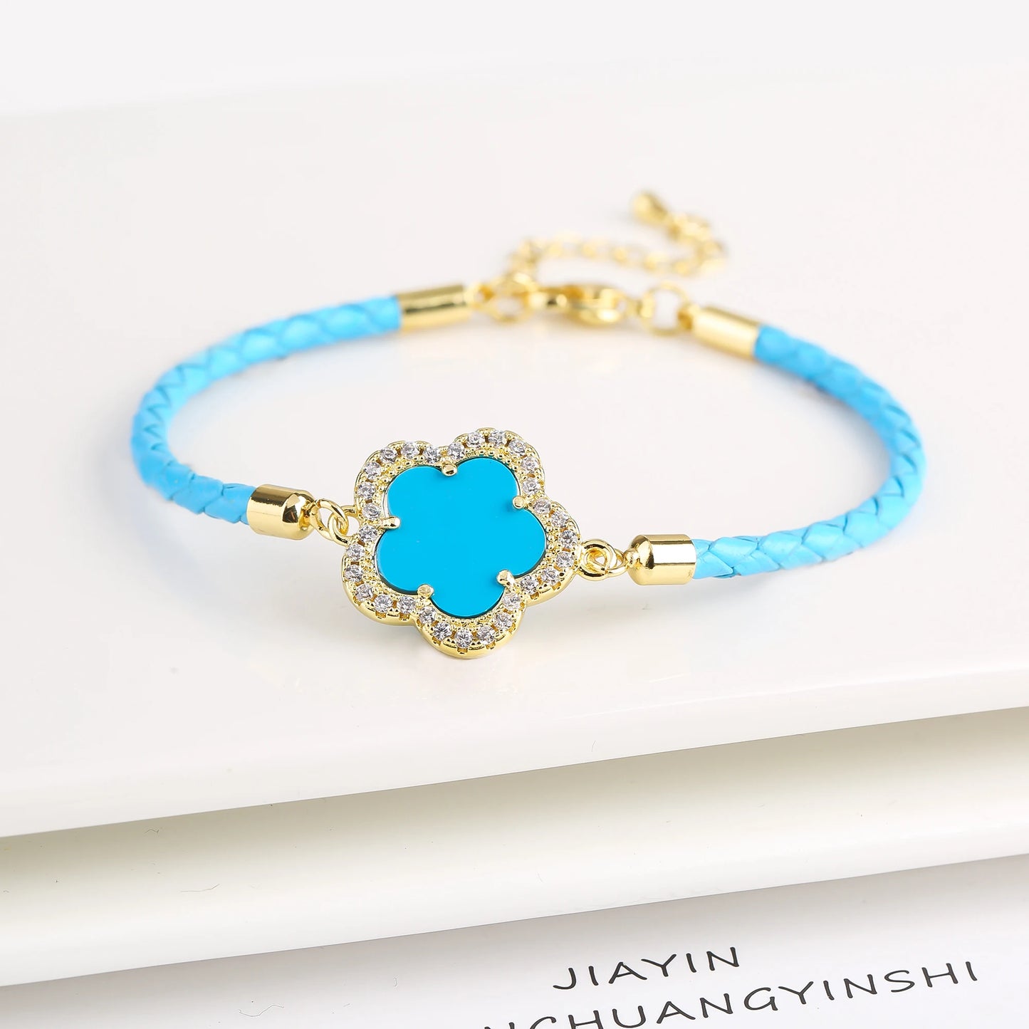 INS Hot Sale Shiny Zirconia Five-Leaf Flower Leather Adjustable Bracelet Classic Stone Plumeria Bracelet For Woman Jewelry Gift