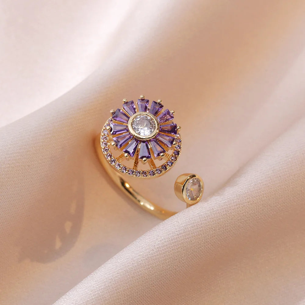 Versatile Flower Rotatable Cubic Zirconia Size Adjustable Rings For Women Gold Copper Metal Ring Party Jewelry