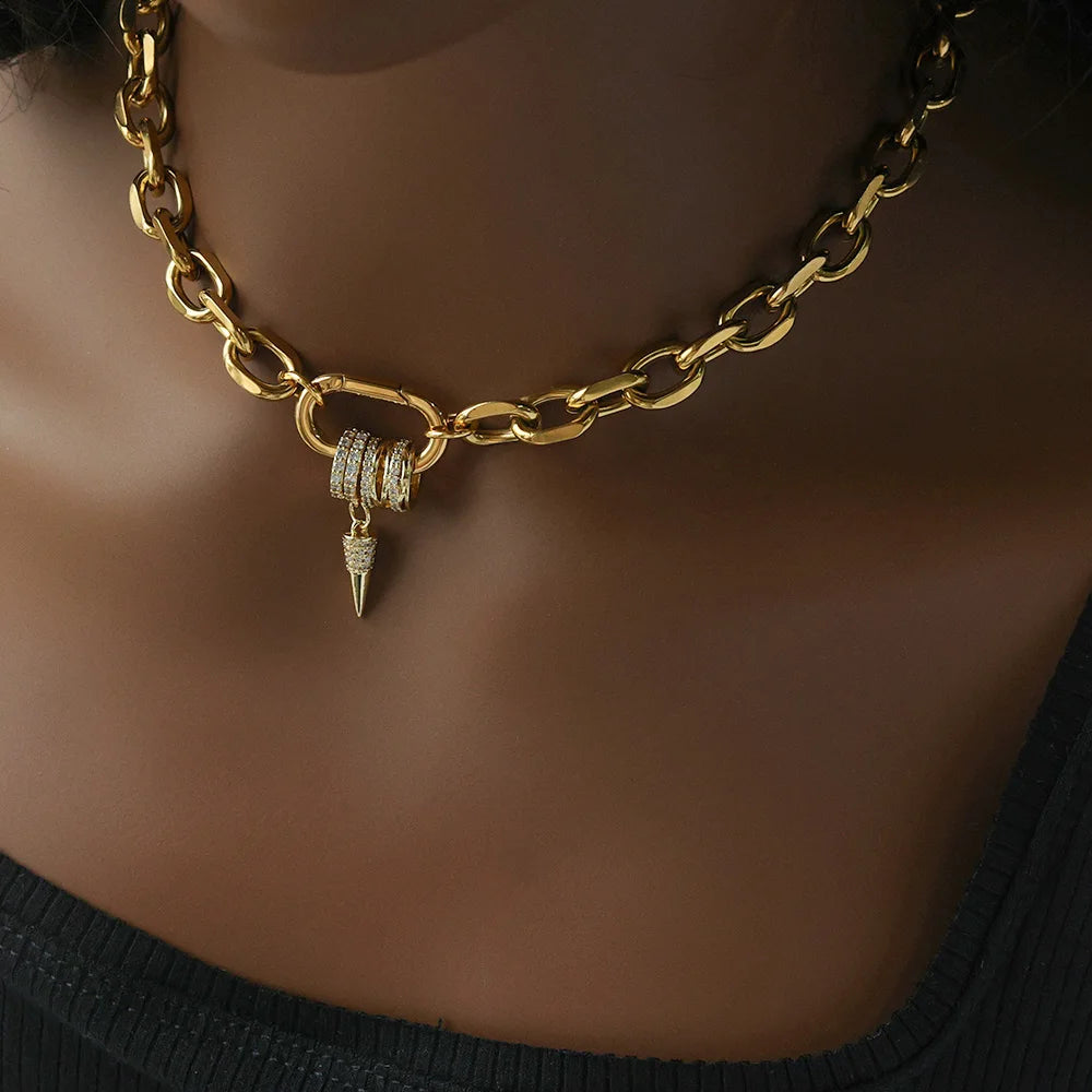 Freeshippings Item Non Tarnish Jewelry Stainless Steel 18K Gold Plated Oval Link Spring Clasp Full Zircon Charms Choker Necklace