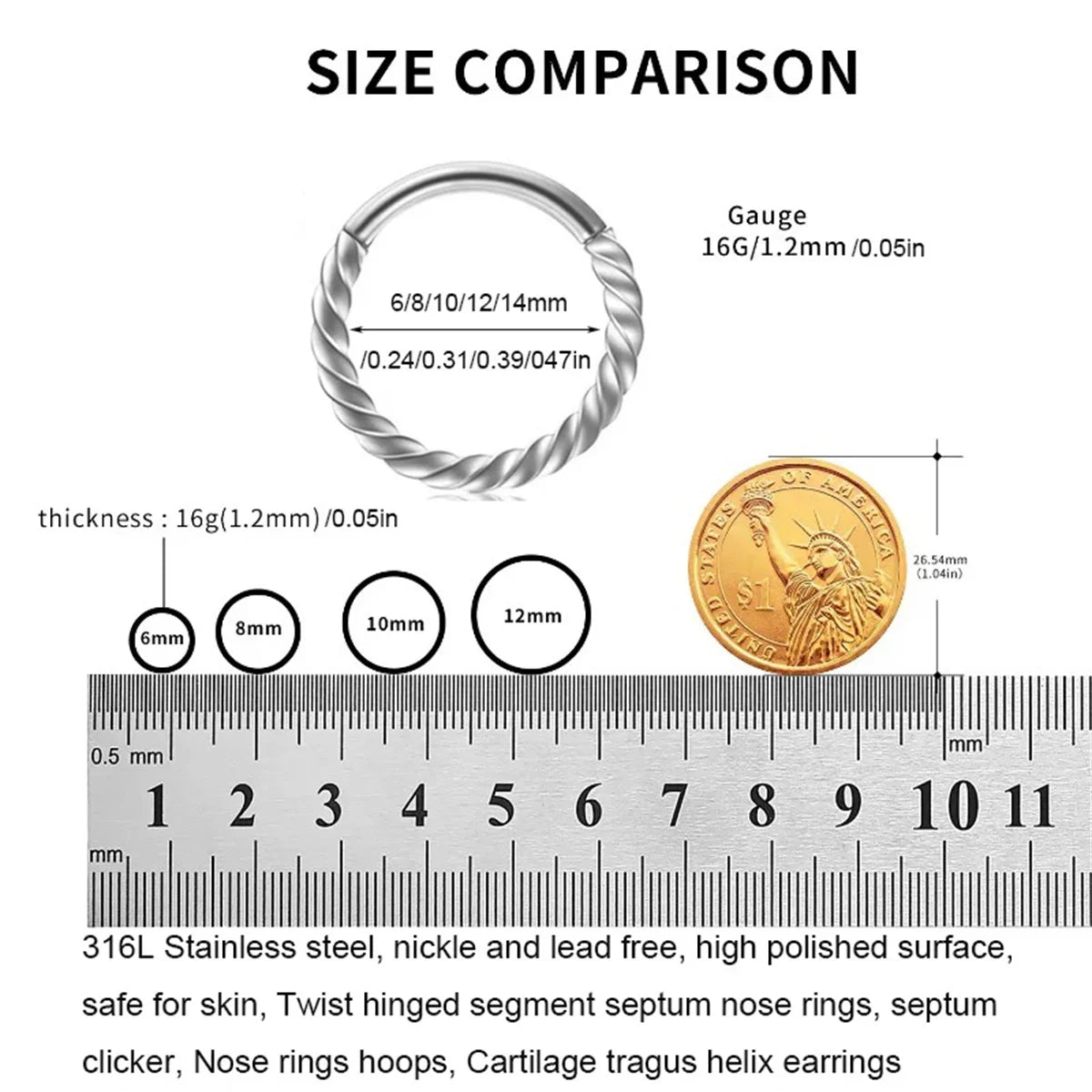 2pcs 316L Stainless Steel Twist Hinged Septum Nose Rings Hoops,Septum Clicker Cartilage Tragus Helix Ear Piercing jewelry
