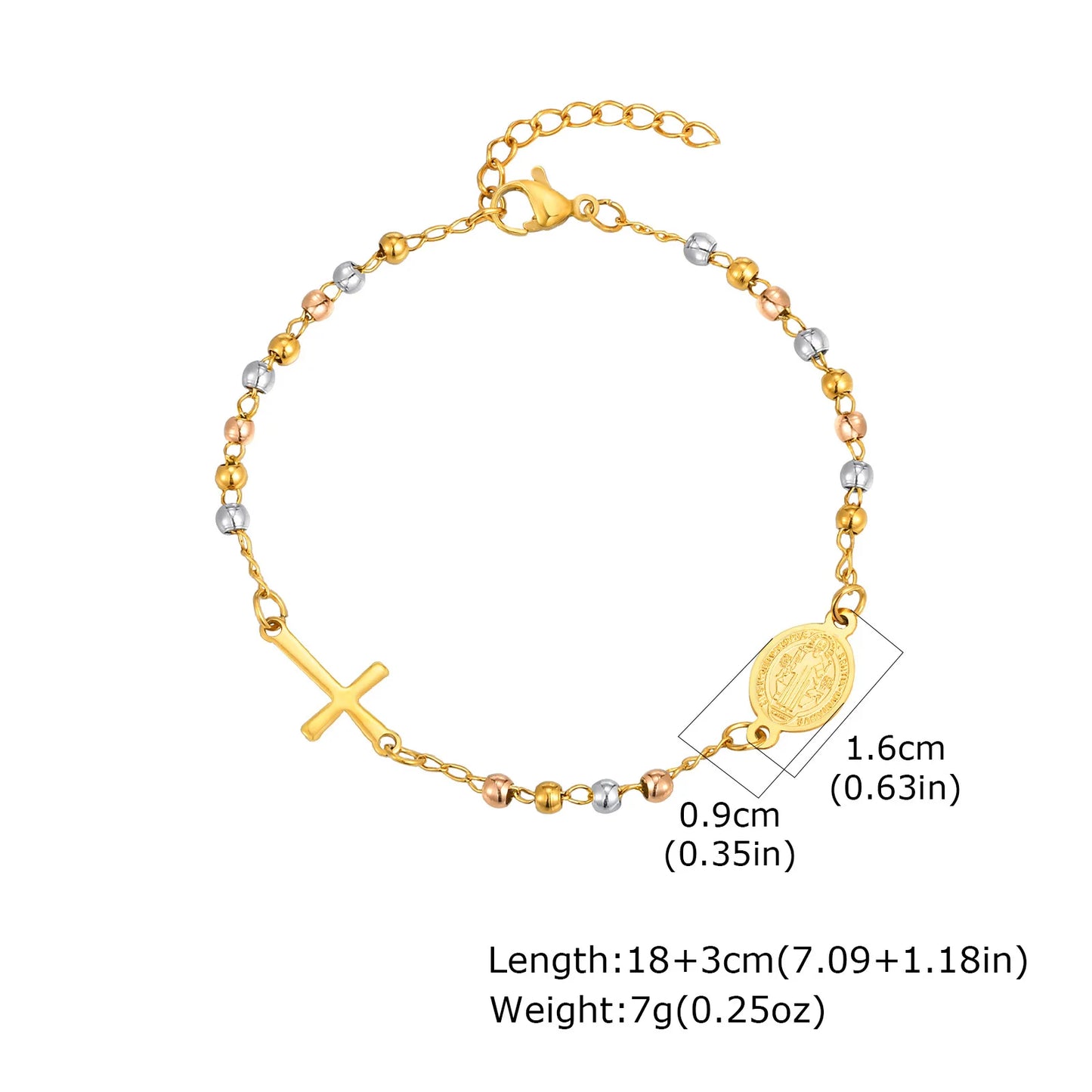 Vnox Stainless Steel Beaded Virgin Mary Bracelet,Charm Rosary Cross Chain Bracelet For Women,Religion Christ Three Color Jewelry