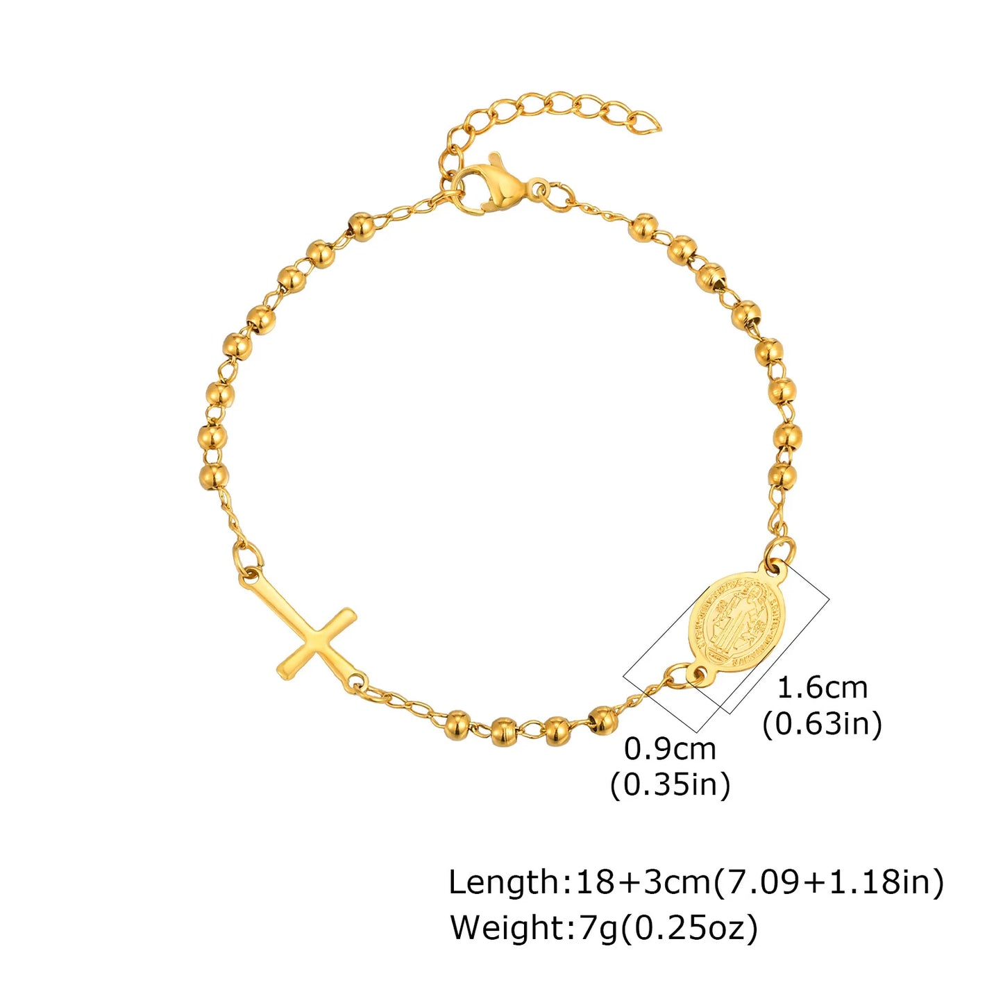 Vnox Stainless Steel Beaded Virgin Mary Bracelet,Charm Rosary Cross Chain Bracelet For Women,Religion Christ Three Color Jewelry