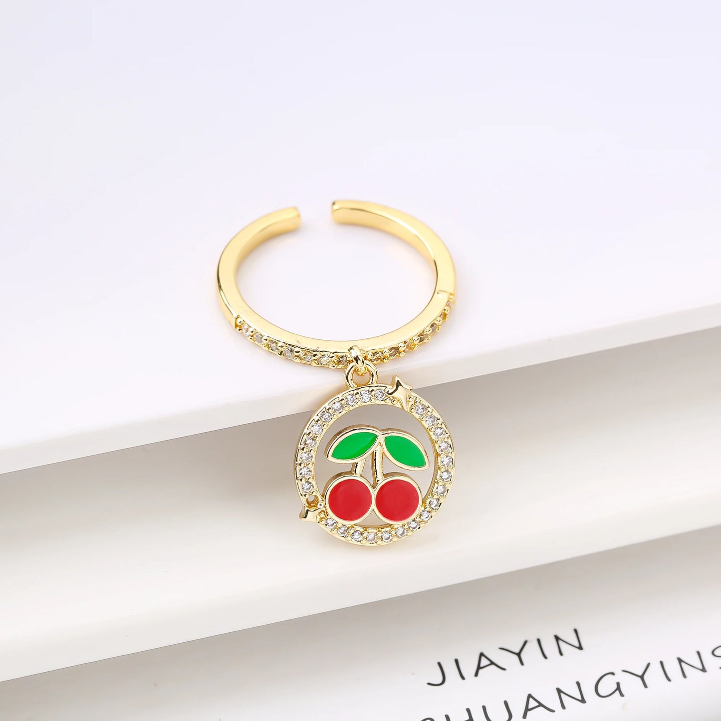 Sweet And Lovely Fruit Cherry Crystal Zirconia Opening Adjustable Ring Simple For Woman Girl Daily Party New Fashion Jewelry