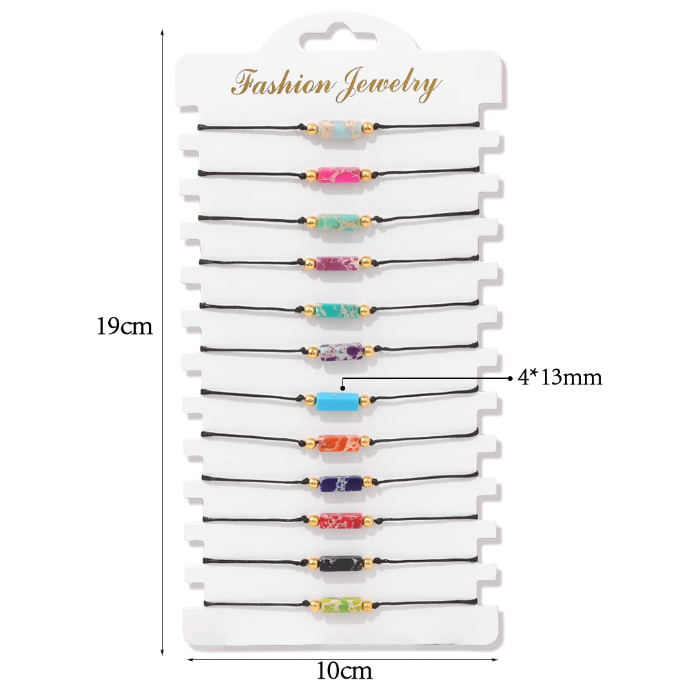 Wholesale 12Pcs/Set Colorful Natural Stone Bracelets Adjustable Rope Braided Bracelet Handmade Bohemia Bracelets with Cards