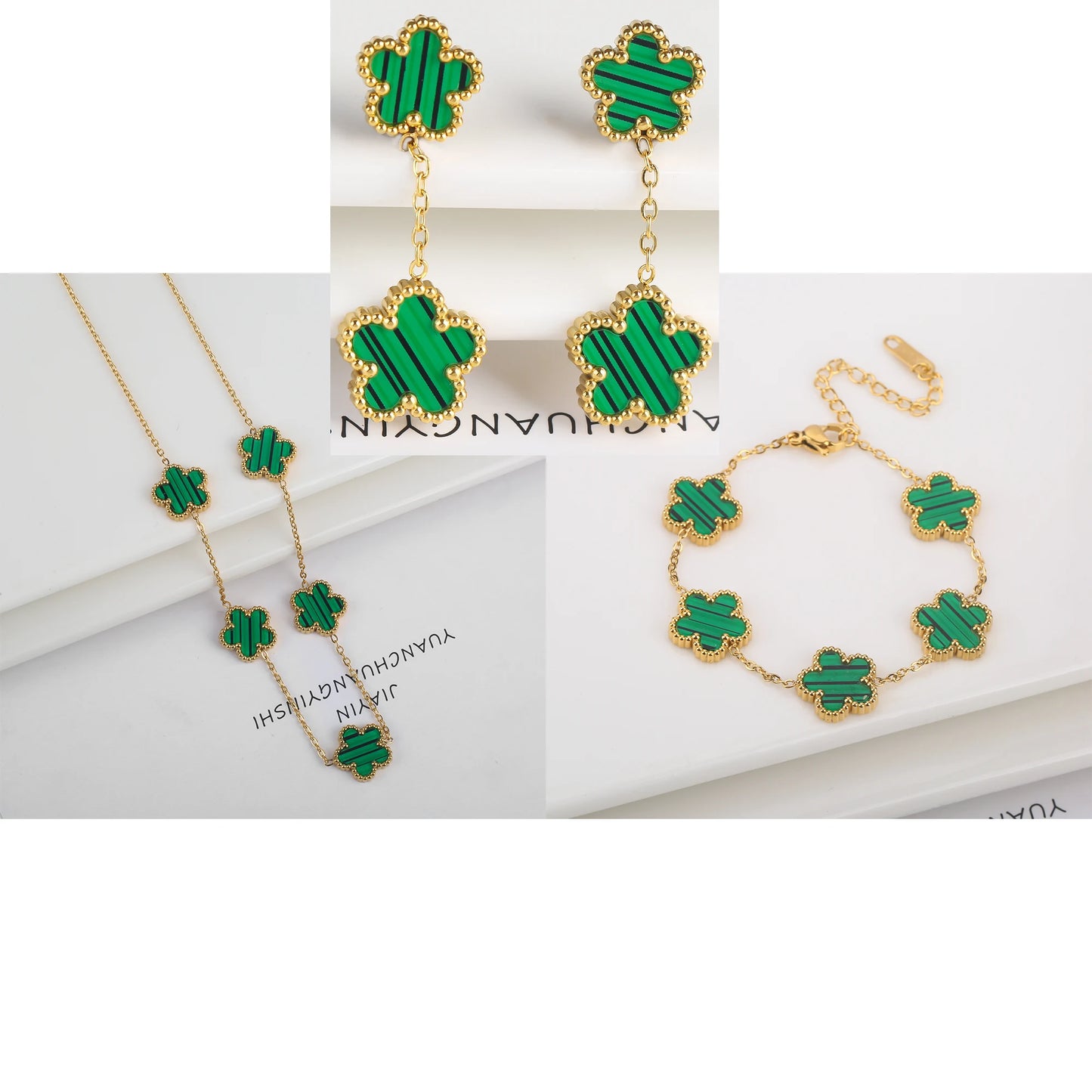 3Pcs Luxury Stainless Steel Five Leaf Flower Jewelry Set Bracelet Necklace Earrings Classic for Women Daily Party Jewelry Clover