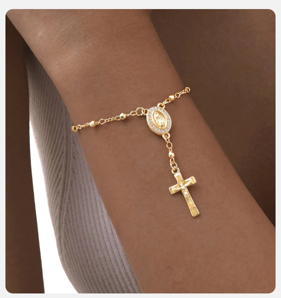 Vnox Virgin Mary Bracelets Necklaces For Women Men,Delicate Jesus Cross Pendent,Christian Catholic Hand Neck Jewelry Set Gifts