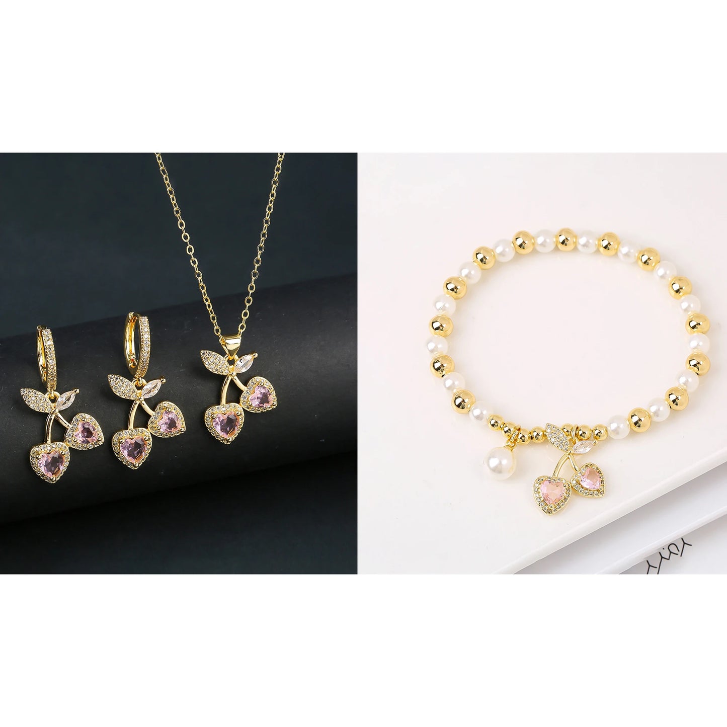 13 Style Choice 3pcs Lucky Red Cherry Crystal Fruit Bracelet Necklace Earrings Jewelry Set Luxury for Women Daily Party Jewelry
