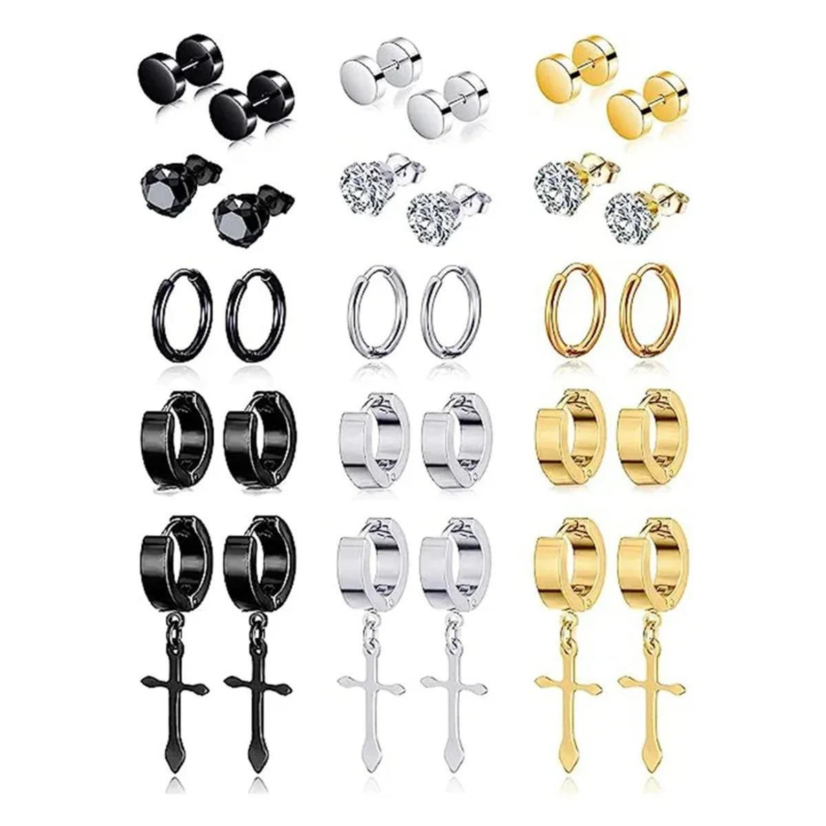 1/15Pairs Punk Cool Gothic Stainless Steel Stud Earrings Set for Men Women,Fashion Tragus Cartilage Daith Helix Piercing Jewelry