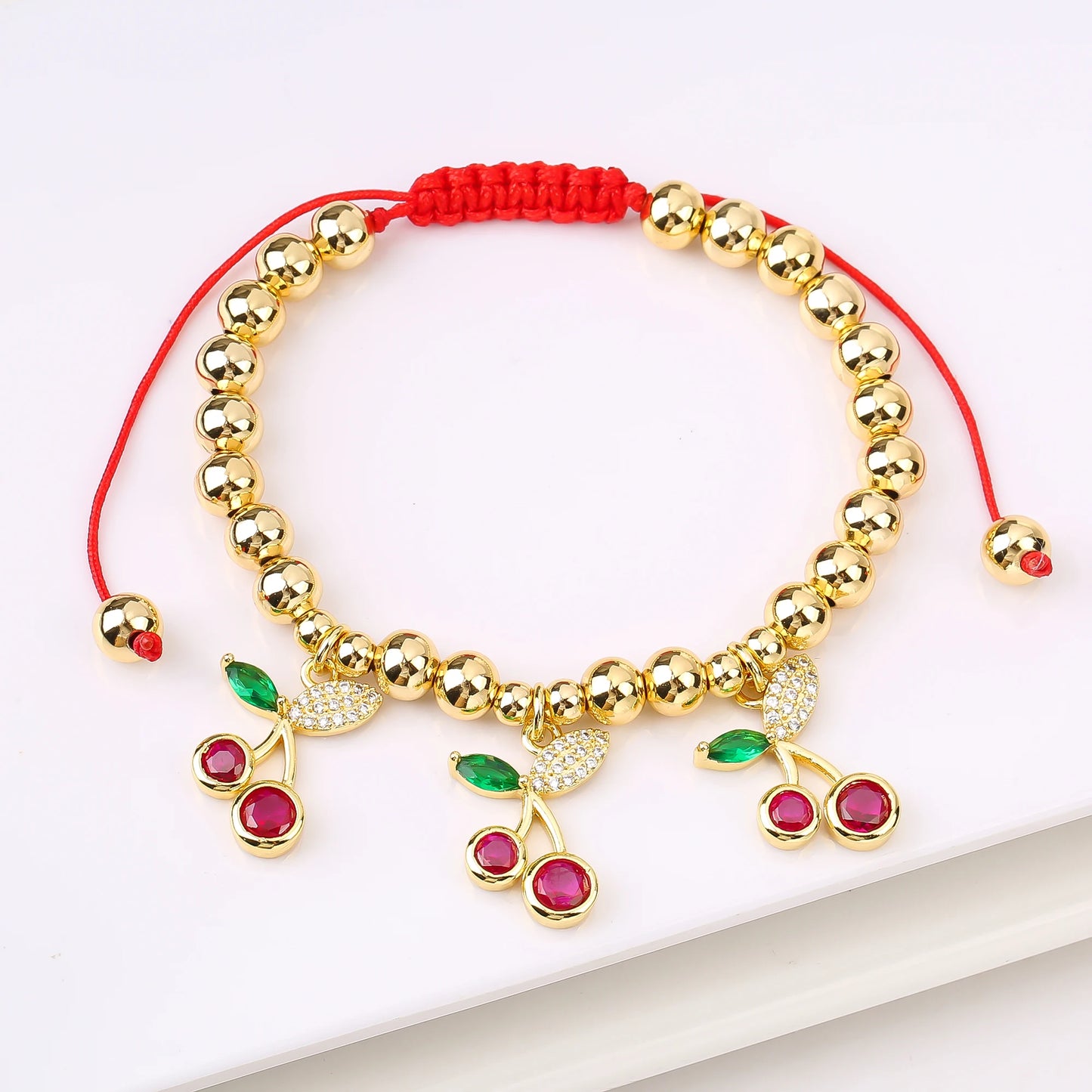 Gold Plated 6mm Copper Bead Chain Braided Fruit Cherry Crystal Adjustable Bracelet New Fashion Woman Girl Daily Wear Jewelry