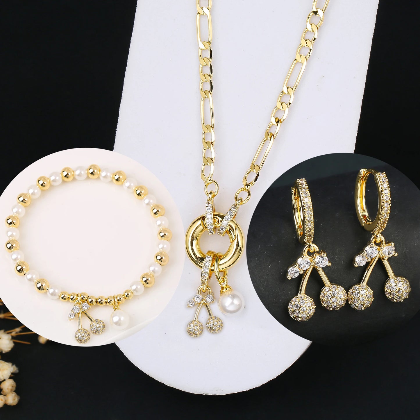 3pcs Hot Sale Shiny Zirconia Crystal Cherry Necklace Bracelet Earrings Jewelry Set Fashion for Woman Girl Wedding Lucky Jewelry