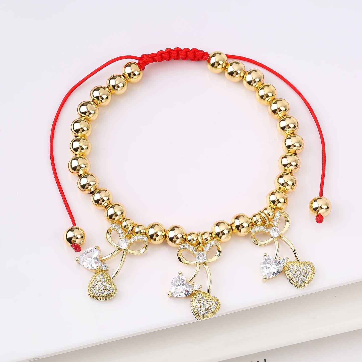 Gold Plated 6mm Copper Bead Chain Braided Fruit Cherry Crystal Adjustable Bracelet New Fashion Woman Girl Daily Wear Jewelry