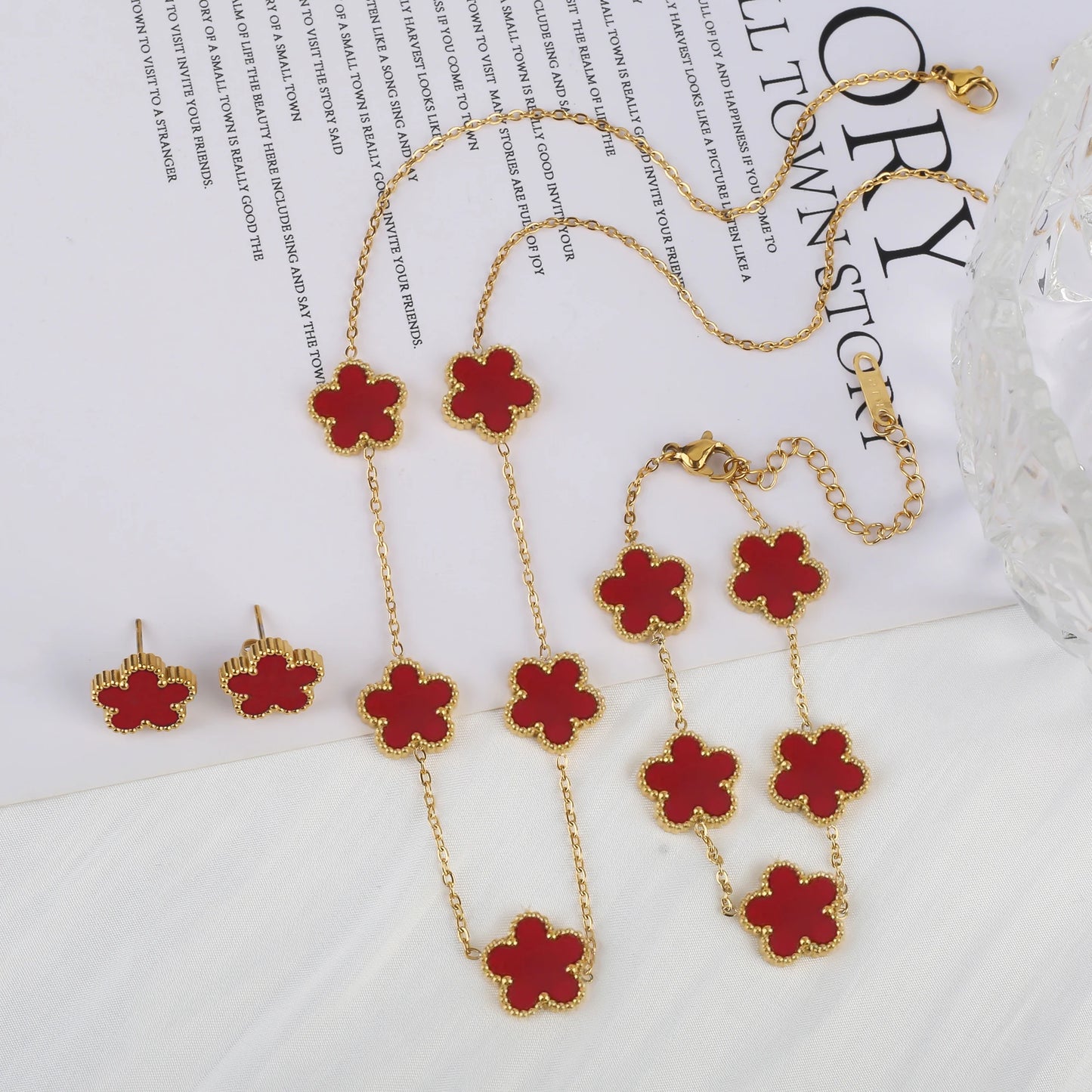 3Pcs Luxury Stainless Steel Five Leaf Flower Jewelry Set Bracelet Necklace Earrings Classic for Women Daily Party Jewelry Clover