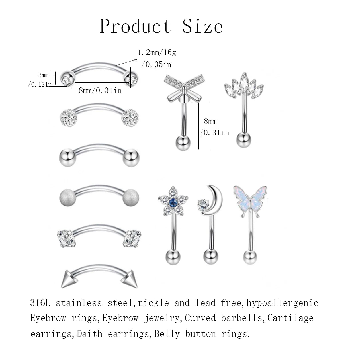 11Pcs Hypoallergenic Stainless Steel Rook Piercing Jewelry Set,Eyebrow Rings Cartilage Daith Tragus Helix Piercing Jewelry