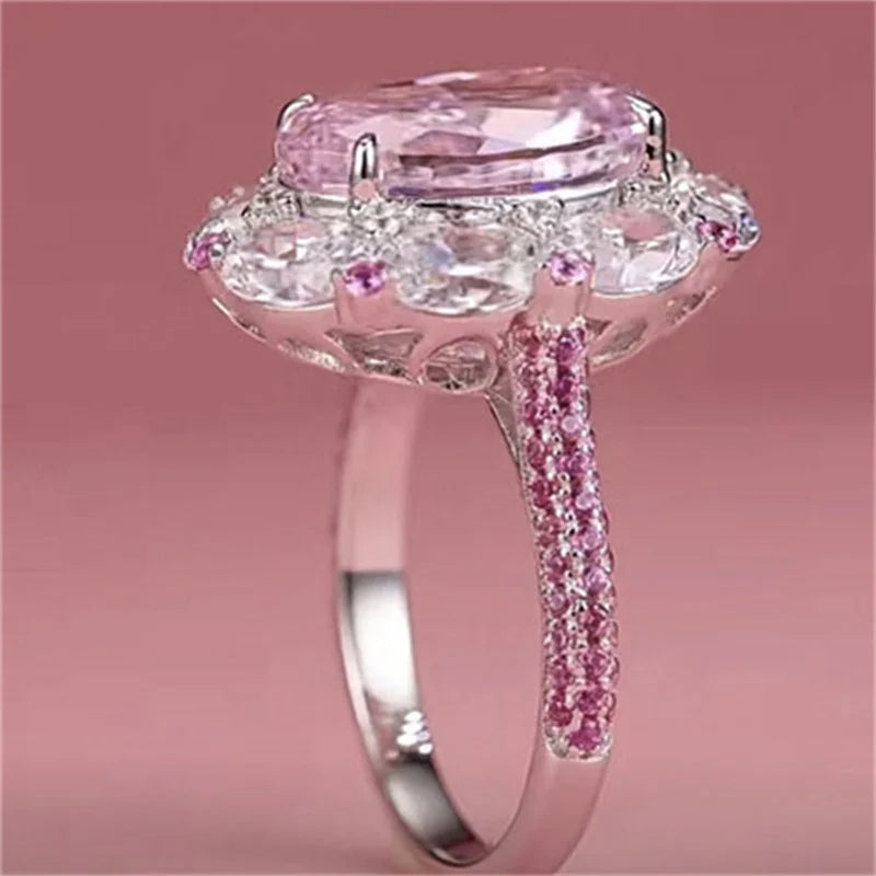 Big Oval Pink Zircon Cute Egg Shape Stone Rings For Women Silver Color Promise Engagement Wedding Bands Bridal Jewelry Girl Gift