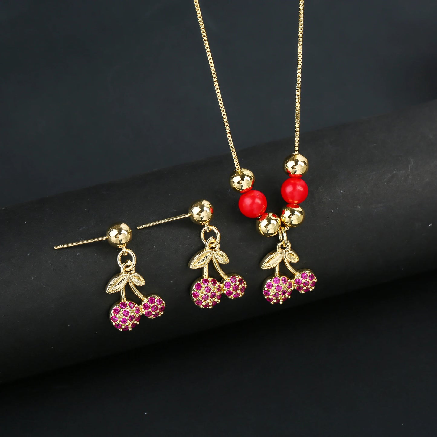 2pcs 22 Style Fashion Fruit Cherry Zircon Crystal Jewelry Set Earrings Necklace For Women Female New Trend Party Jewelry Gift