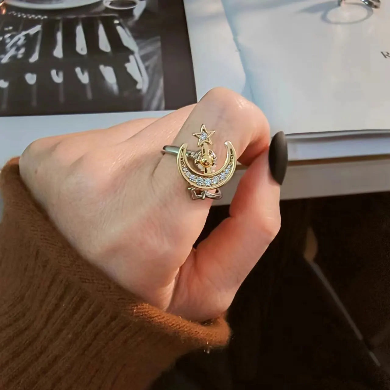 Versatile Flower Rotatable Cubic Zirconia Size Adjustable Rings For Women Gold Copper Metal Ring Party Jewelry
