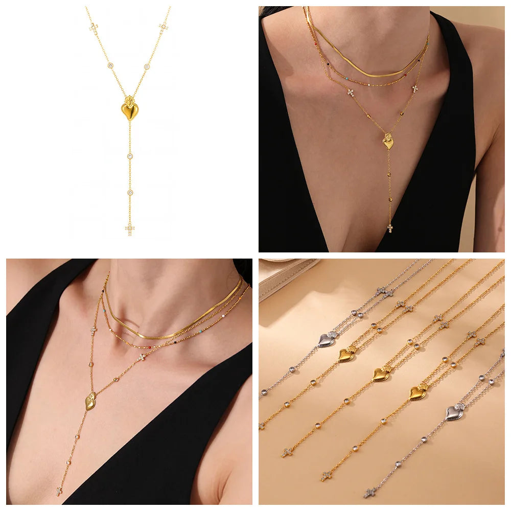 Elegant Stainless Steel Women Necklace Long Cross Pendant Round Zircon Chain Waterproof Luxury Charm Jewelry