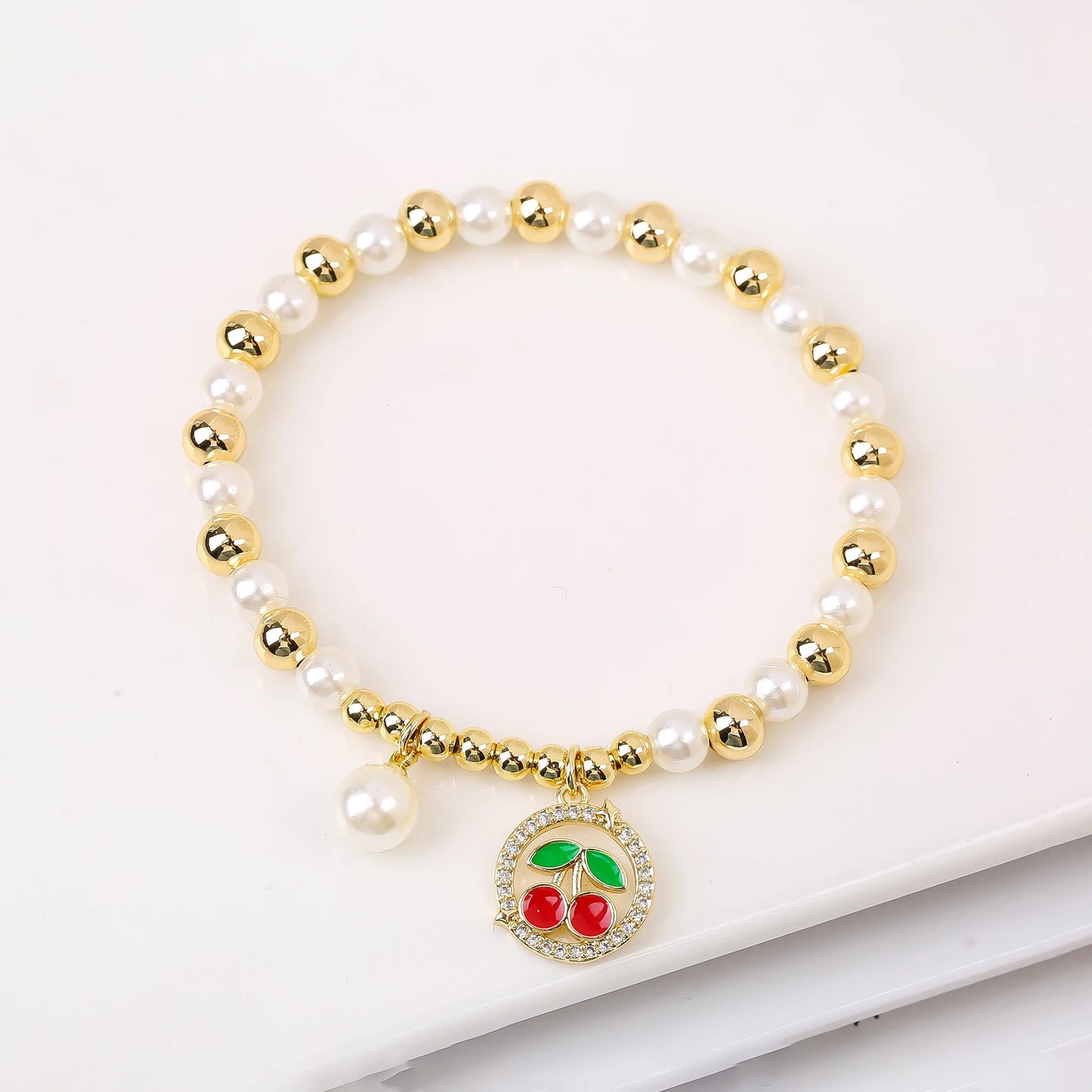 Trendy Crystal Cherry Shape Heart Copper Beads Chain Pearls Bracelet For Women 15 Styles Choice Daily Versatile Jewelry Gift
