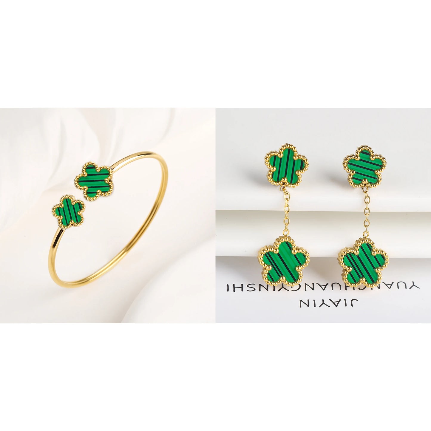 7 Color Bracelet Earrings Stainless Steel Five Leaf Flower Jewelry Set High Quality Woman Classic Daily Party Jewelry Clover New