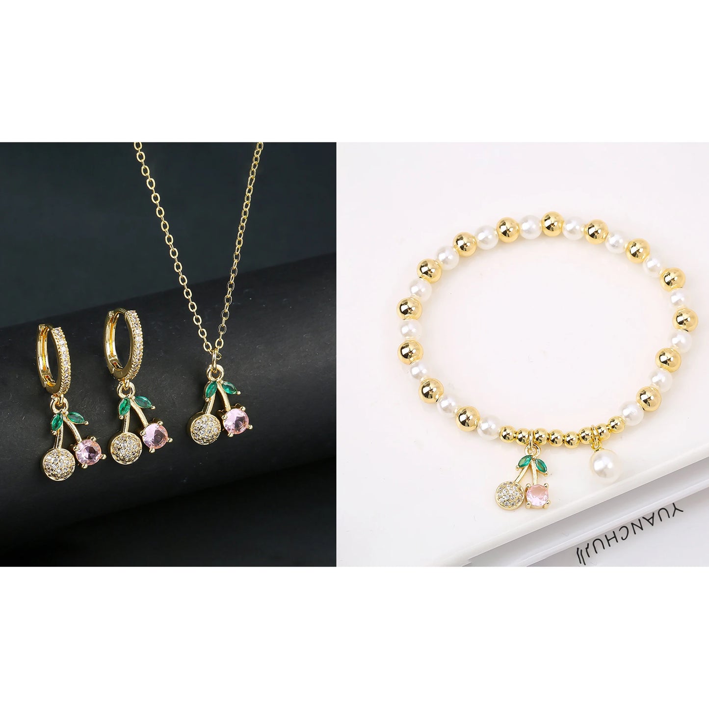 13 Style Choice 3pcs Lucky Red Cherry Crystal Fruit Bracelet Necklace Earrings Jewelry Set Luxury for Women Daily Party Jewelry