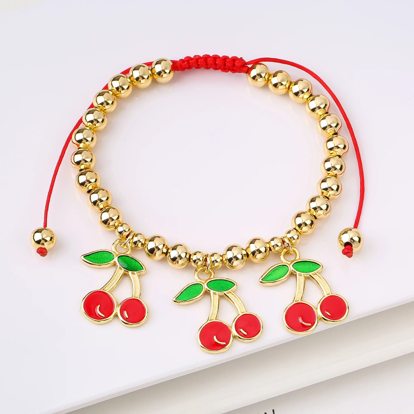 Gold Plated 6mm Copper Bead Chain Braided Fruit Cherry Crystal Adjustable Bracelet New Fashion Woman Girl Daily Wear Jewelry