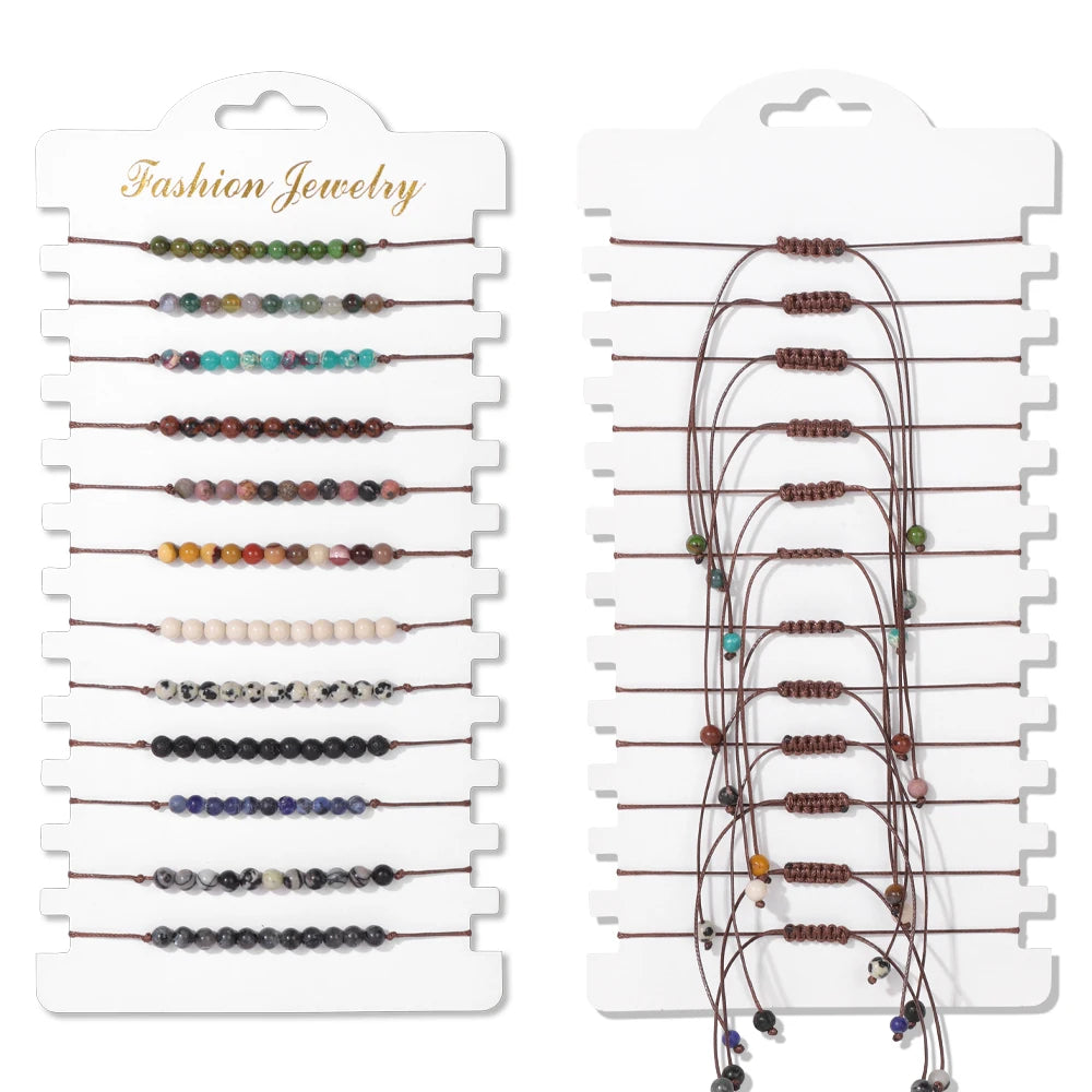 Wholesale 12Pcs/Set Colorful Natural Stone Bracelets Adjustable Rope Braided Bracelet Handmade Bohemia Bracelets with Cards