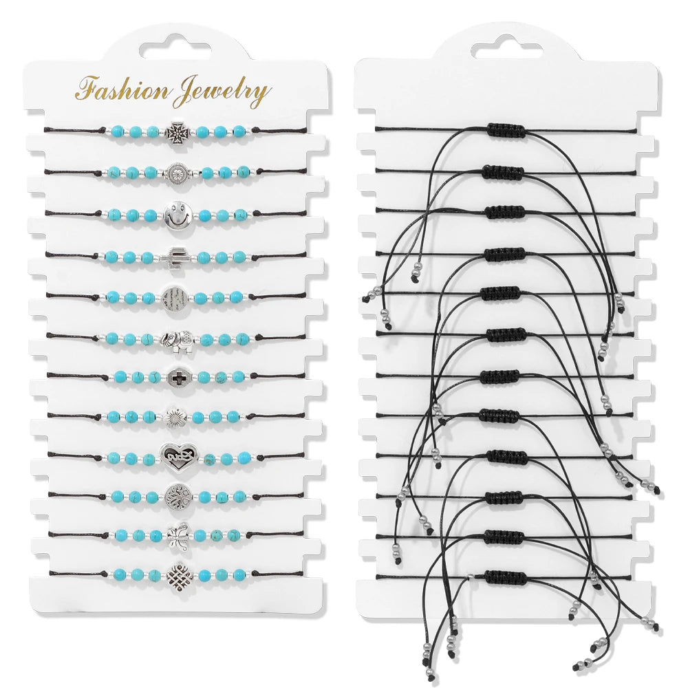 Wholesale 12Pcs/Set Colorful Natural Stone Bracelets Adjustable Rope Braided Bracelet Handmade Bohemia Bracelets with Cards