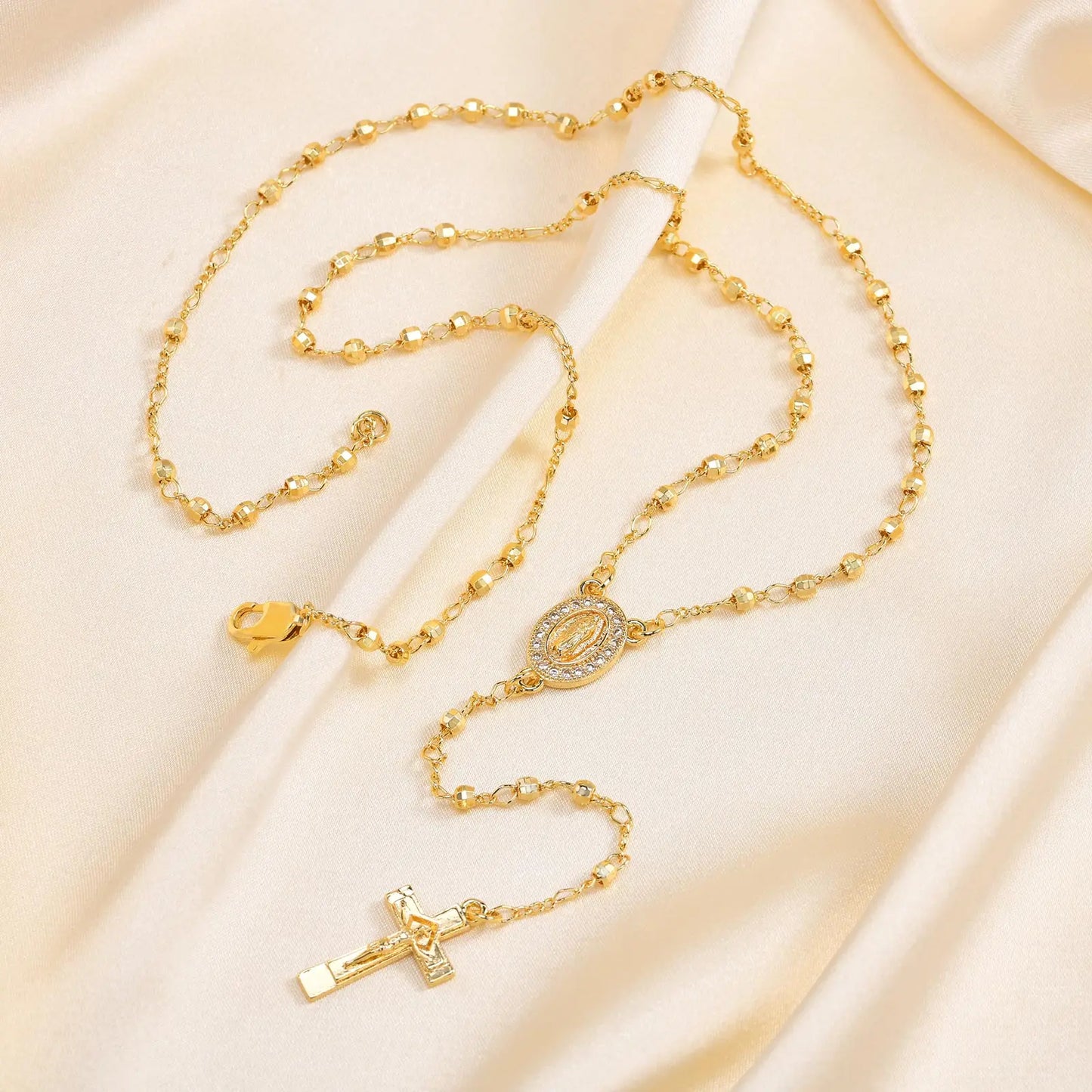 Zirconia Heart Virgin Mary Rosary Bead Cross Necklace for Women, Long Chain Cross Pendant Christian Catholic Religious Jewelry
