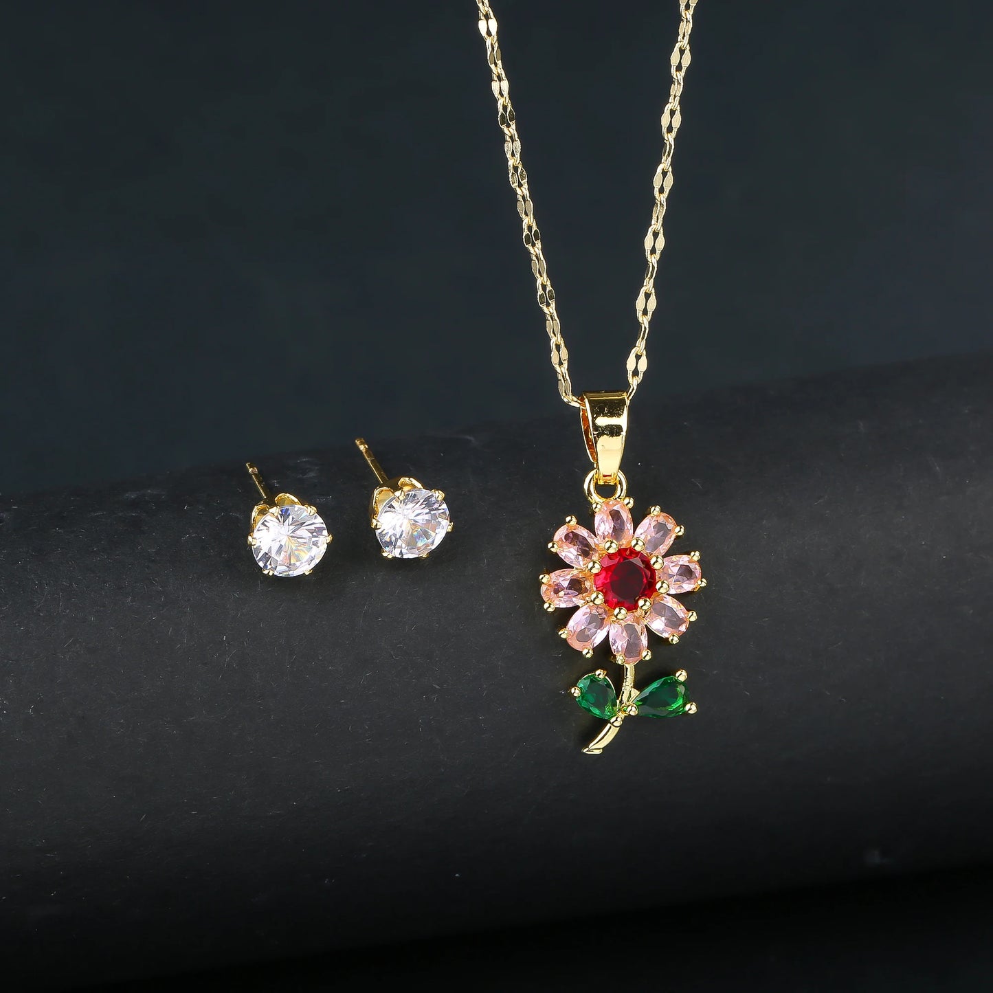 2pcs Sparkling Crystals Botanical Sunflower Necklace Earrings Jewelry Set for Woman New Fashion Casual Party Jewelry GirlGift