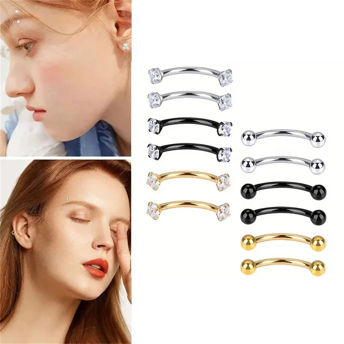 6Pcs Elegant Fashion 316 Stainless Steel Curved Barbell Eyebrow Ring,Inlaid Shiny Zircon Belly Lip Ring Body Piercing Jewelry