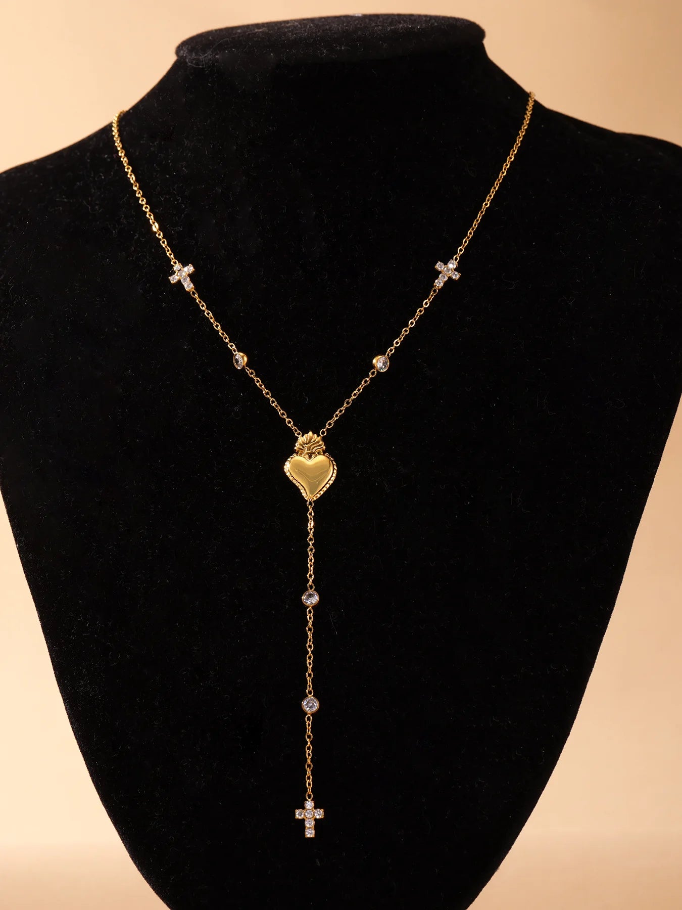 Elegant Stainless Steel Women Necklace Long Cross Pendant Round Zircon Chain Waterproof Luxury Charm Jewelry
