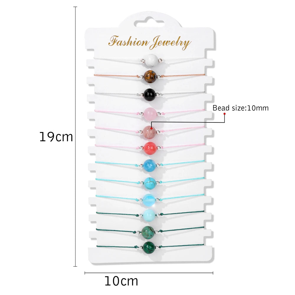 Wholesale 12Pcs/Set Colorful Natural Stone Bracelets Adjustable Rope Braided Bracelet Handmade Bohemia Bracelets with Cards