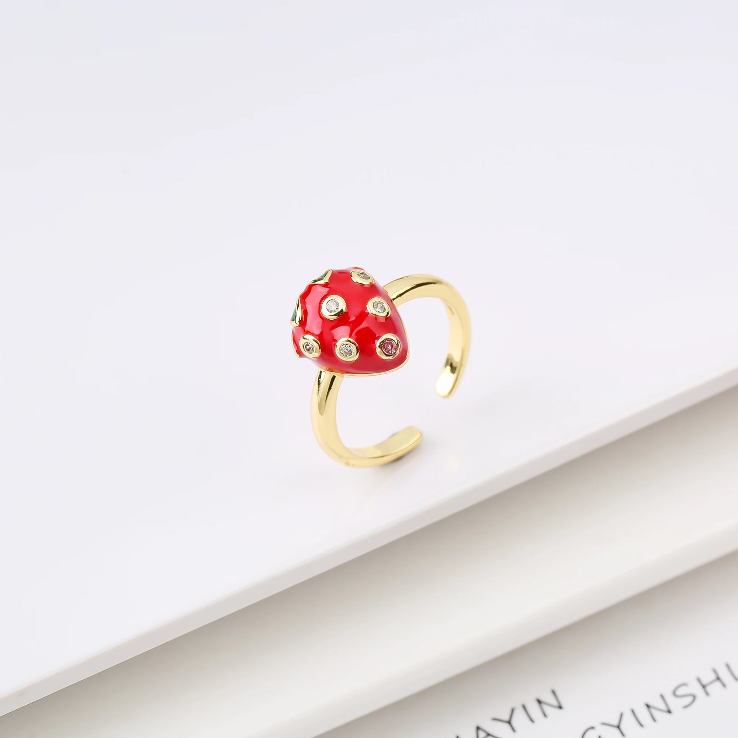 New Creative Copper Oil Drop Red Strawberry Zirconia Ring Charm For Woman Girl Vacation Casual Jewelry Accessories Adjustable