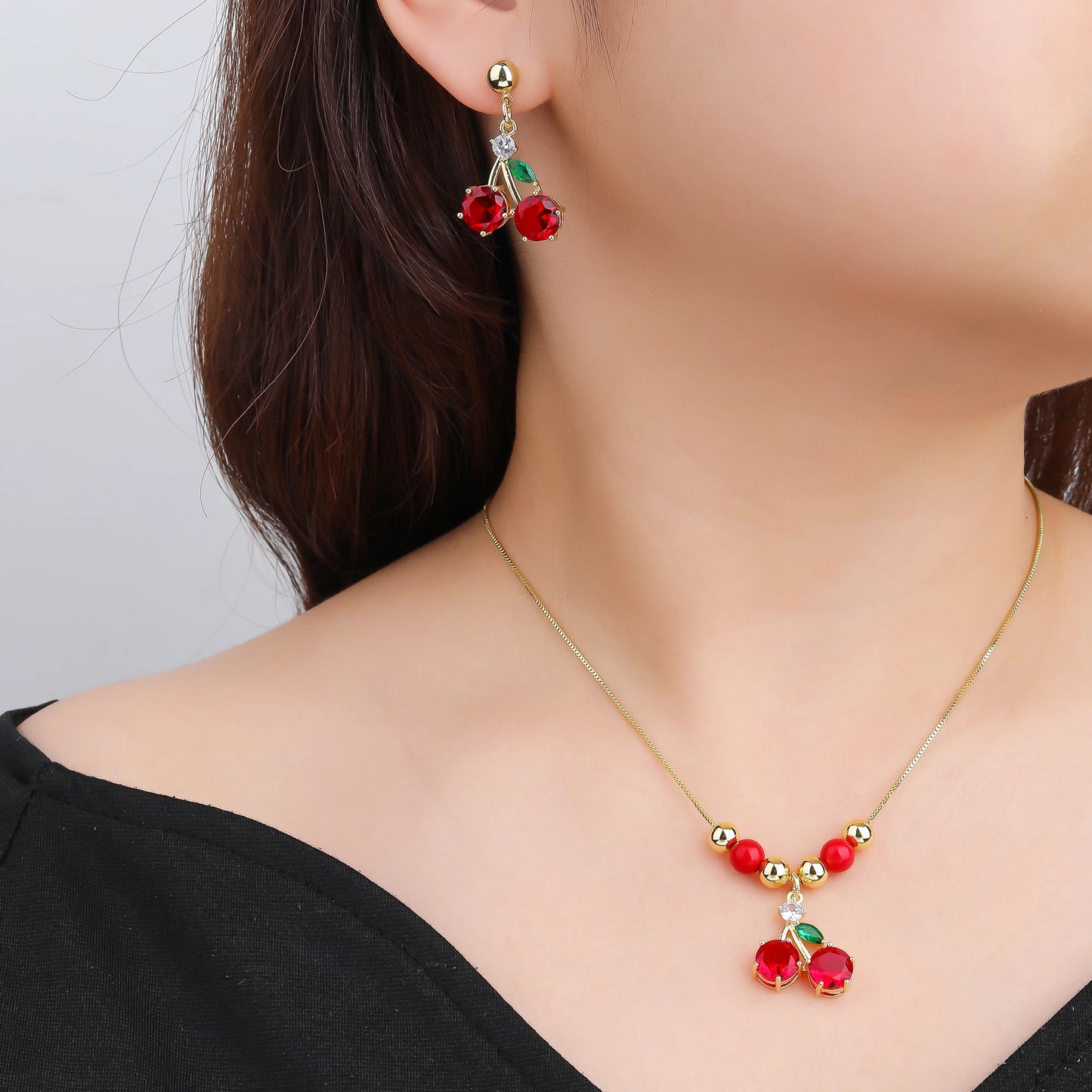 2pcs 22 Style Fashion Fruit Cherry Zircon Crystal Jewelry Set Earrings Necklace For Women Female New Trend Party Jewelry Gift