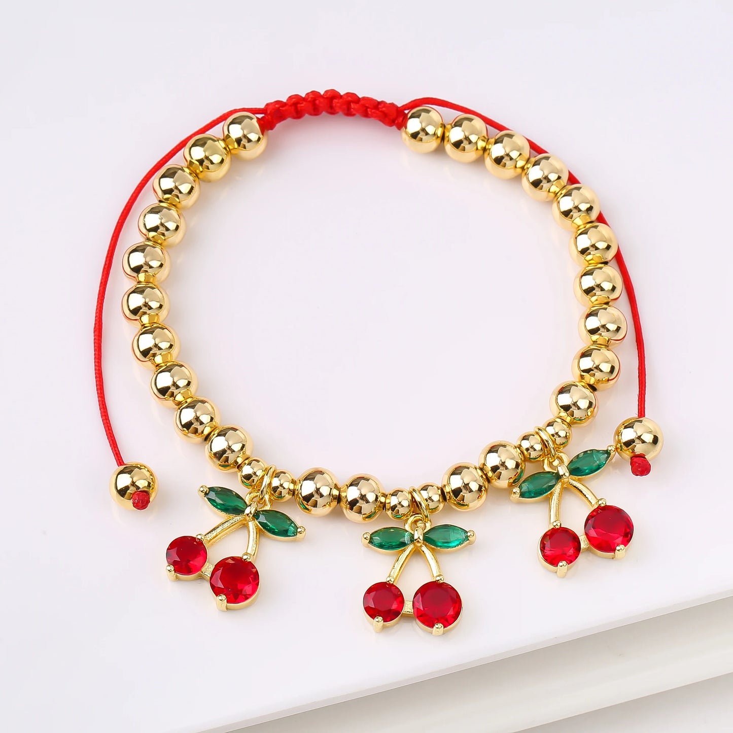 Gold Plated 6mm Copper Bead Chain Braided Fruit Cherry Crystal Adjustable Bracelet New Fashion Woman Girl Daily Wear Jewelry
