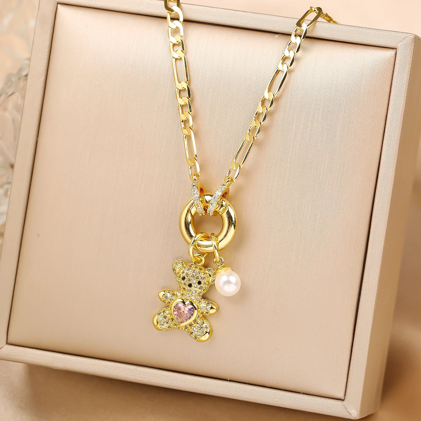 High Quality Shiny Crystal Zirconia Animal Cute Bear Pendant Necklace Choker for Woman Girl Holiday Lock Bone Chain Jewelry Gift