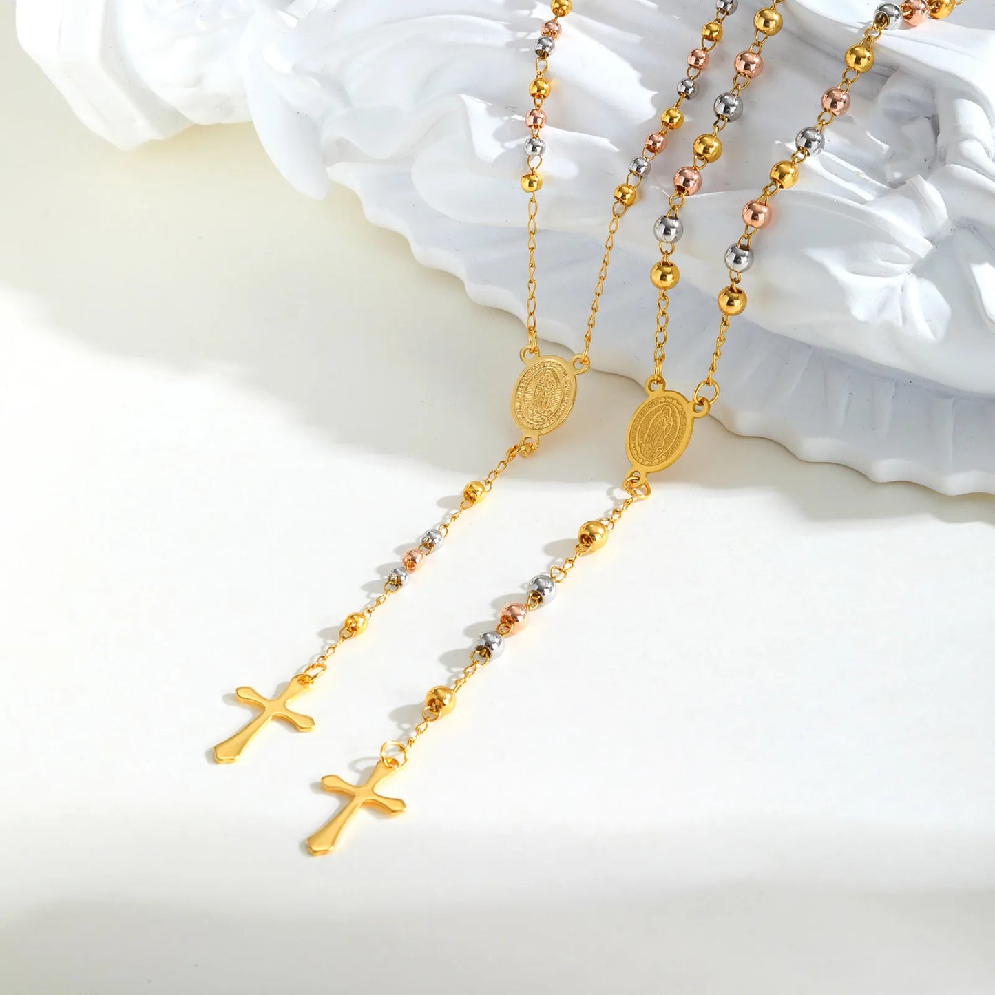 Tri-color Beaded Virgin Mary Y-shaped Necklace, Holy Spirit Cross Pendant Necklace for Women, Stainless Steel Religious Jewelry